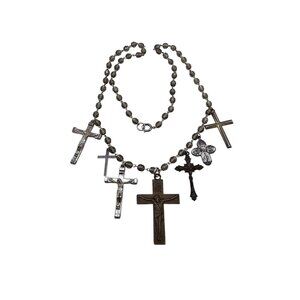 Vintage Multi Cross Charm & Crystal Rosary Necklace (A8655)